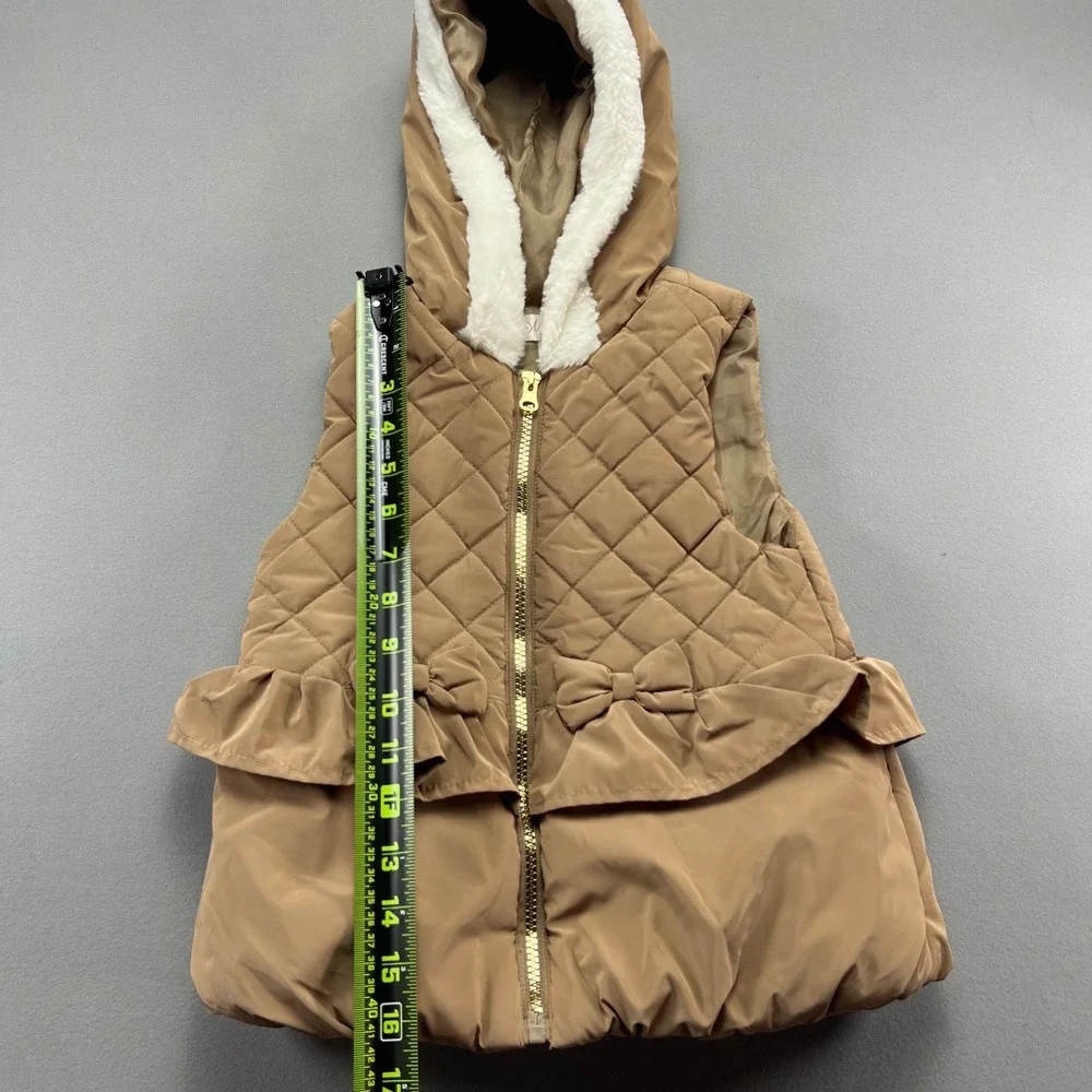 Nannette Puffer Vest Girls 6 Brown Lined Quilted Hooded Bow Insulated Full Zip
